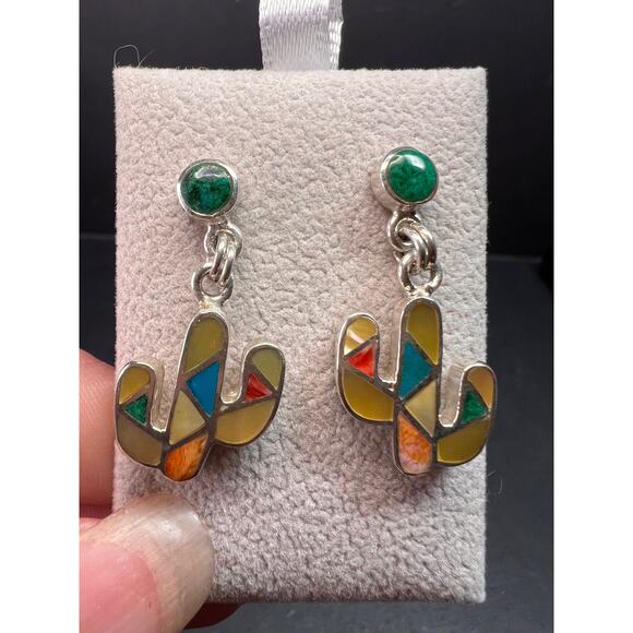 NEW Sterling Silver Peruvian Art Mosaic Cactus Earrings – Multi-Gemstone Inlay - Picture 5 of 12
